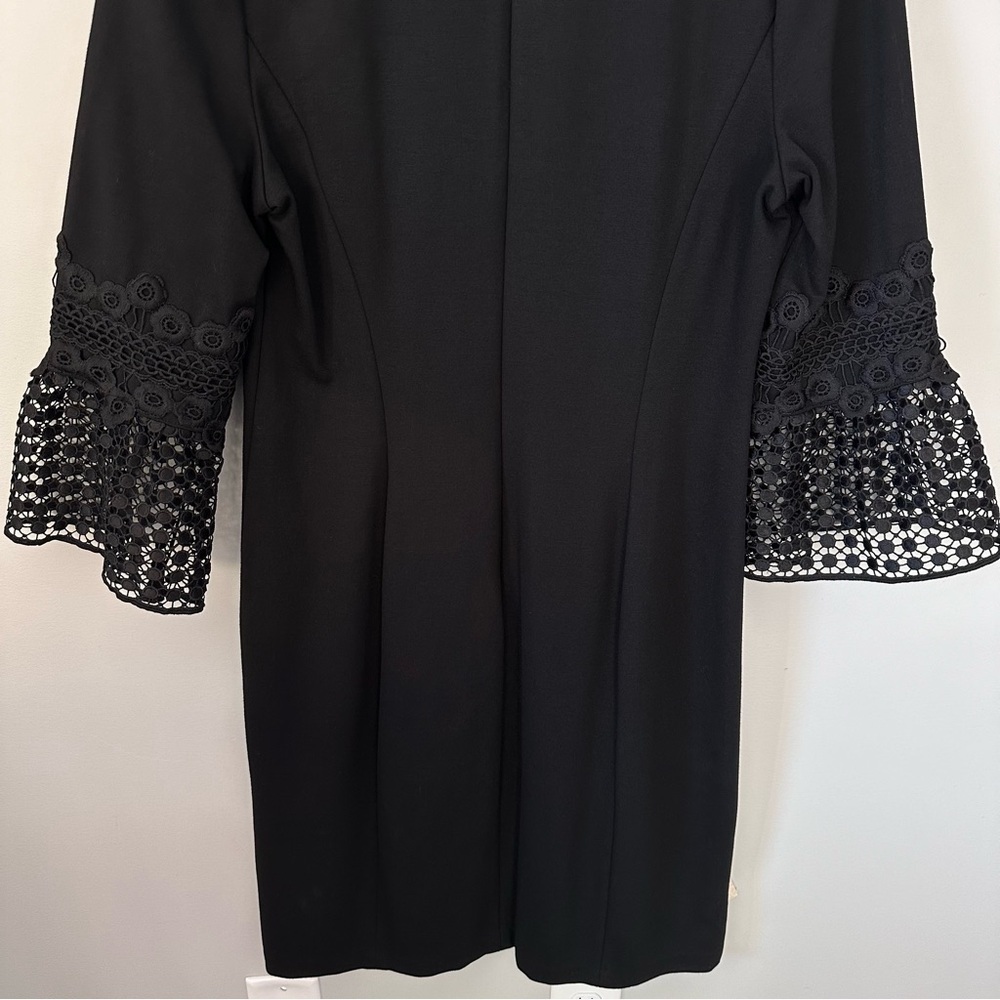Talbots 10 Sheath Dress Black Ponte Fabric Crochet Bell Sleeve Cocktail Formal - Picture 10 of 12